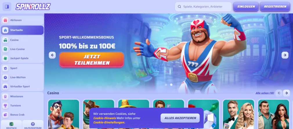 Spinrollz Casino – 100% Willkommensbonus bis zu 500 € und 50 Freispiele für neue Spieler